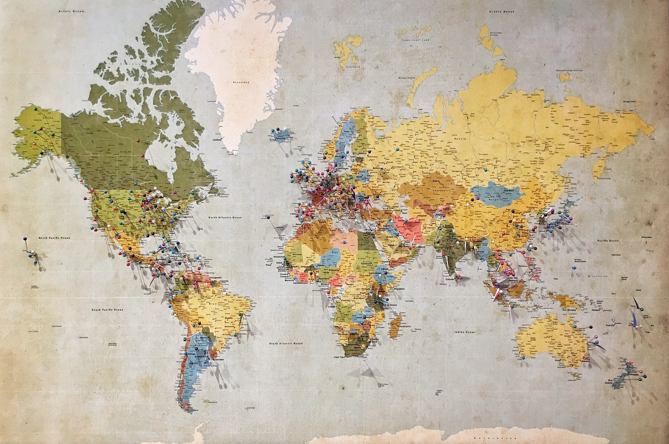 World map with pushpins